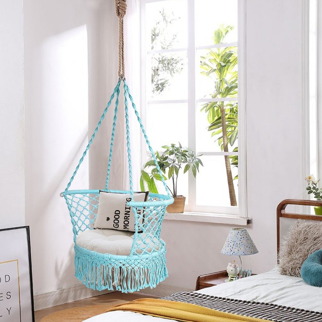 Costway Hanging Hammock Chair Cotton Rope Macrame Swing Indoor Outdoor Gray black turquoise