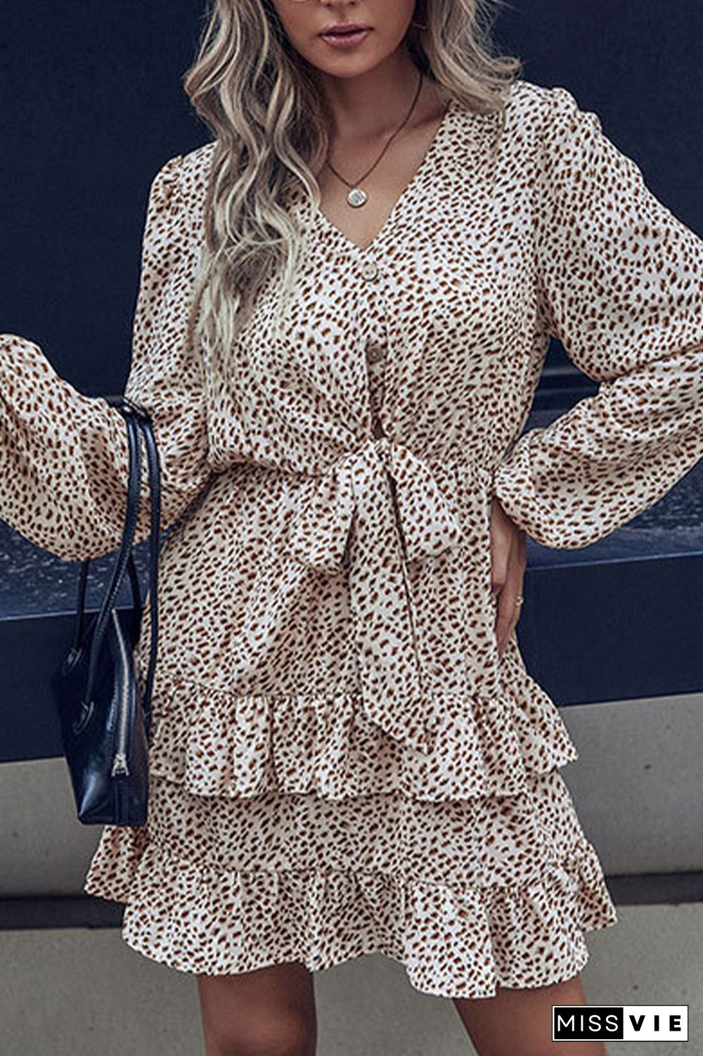 Spot Print V Neck Button Down Front Tie Mini Dress