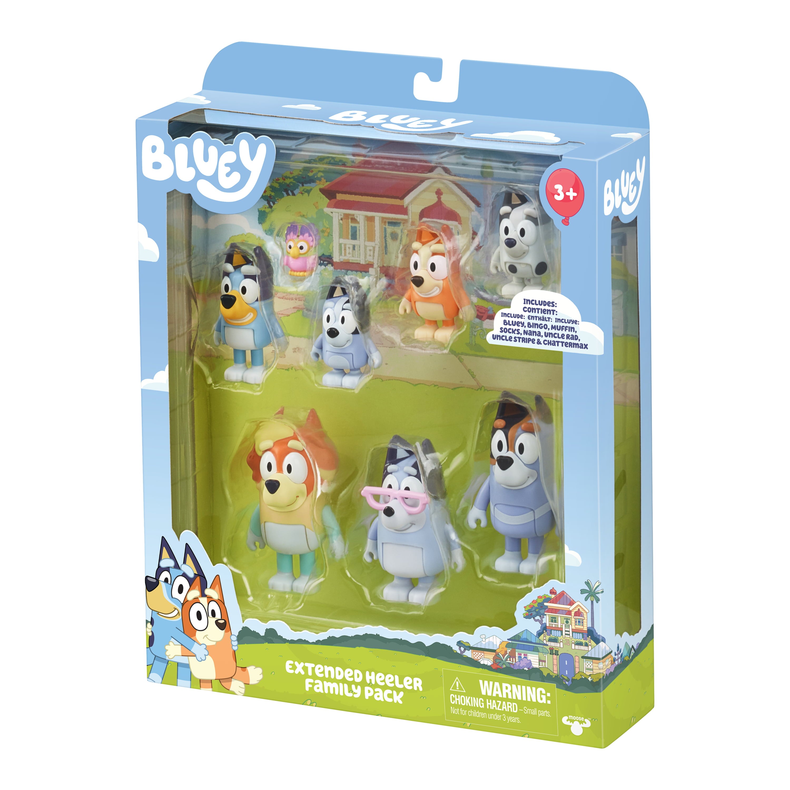 Bluey， Extended Heeler Family Pack， 2.5-3 inch Figures， Bluey， Bingo， Socks， Muffin， Uncle Stripe， Uncle Rad， Nana and Chattermax， Preschool， Toys for Kids， Ages 3+