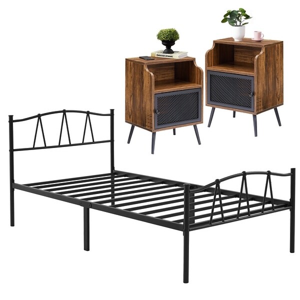 Industrial 3 Piece Bedroom Set Black Platform Bed Frame and Modern Brown Nightstands Set of 2 - - 36529080