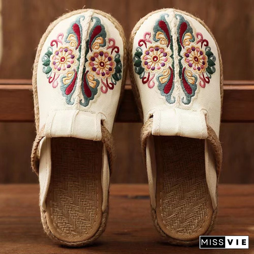 Linen Floral Shoes flip flop Flats