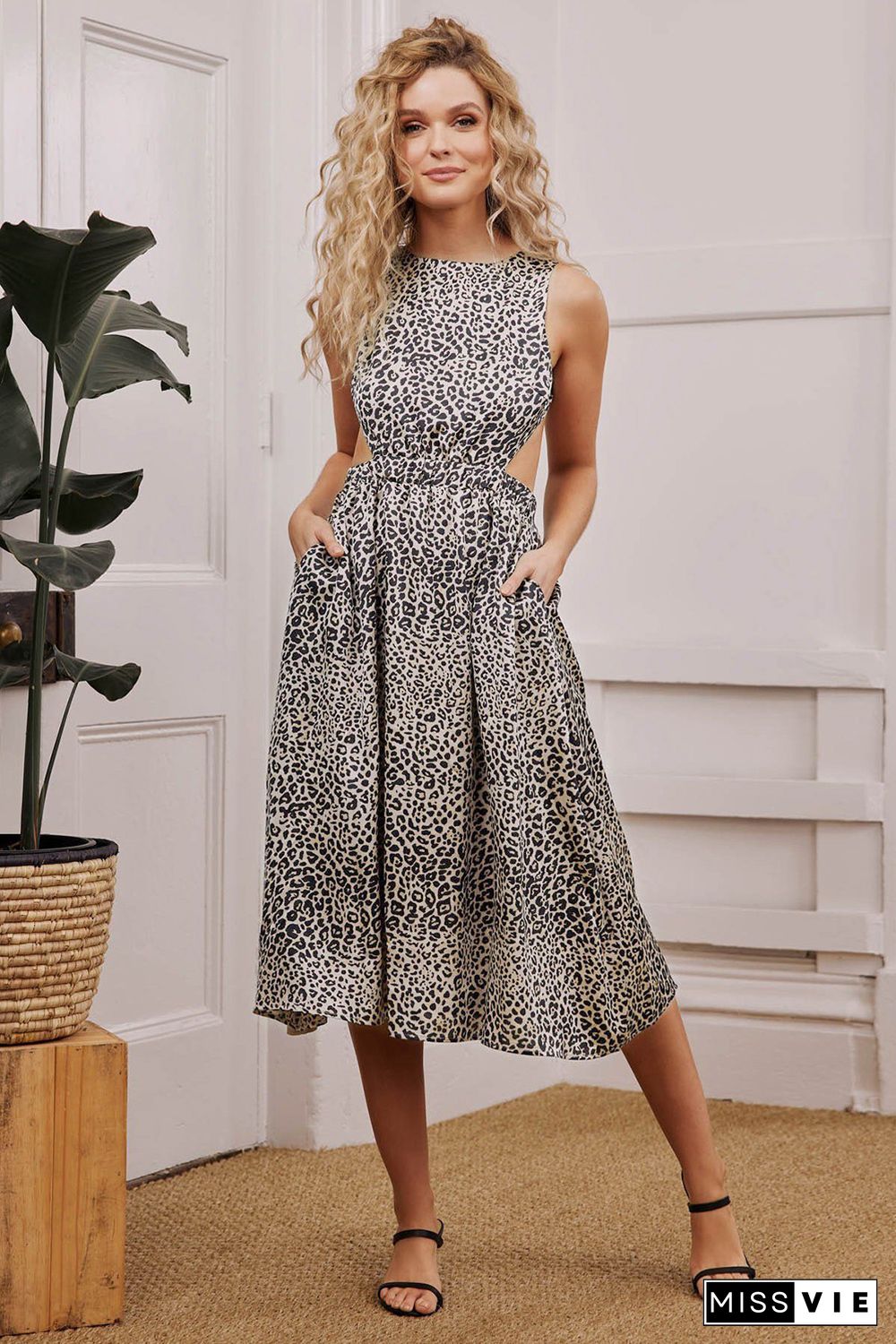 Leopard Print Cut-out Open Back High Waist Midi Dress