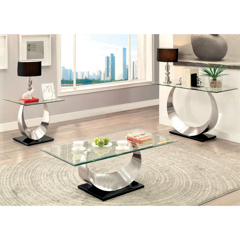 Furniture of America Suse Glass Top Coffee Table in Silver Satin Plated