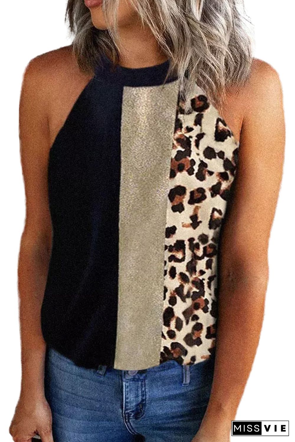 Black Leopard Color Block Casual Tank Top