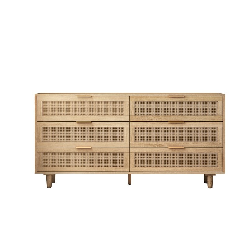 6 Drawer Dresser  Modern Rattan Dresser Chest with Wide Drawers  Farmhouse Storage Chest of Drawers for Bedroom  Living Room