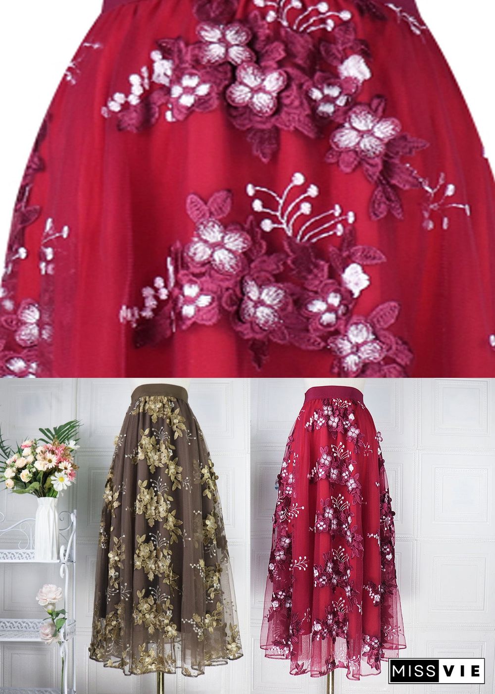 Novelty Mulberry Embroideried Floral Elastic Waist Tulle A Line Skirt Spring