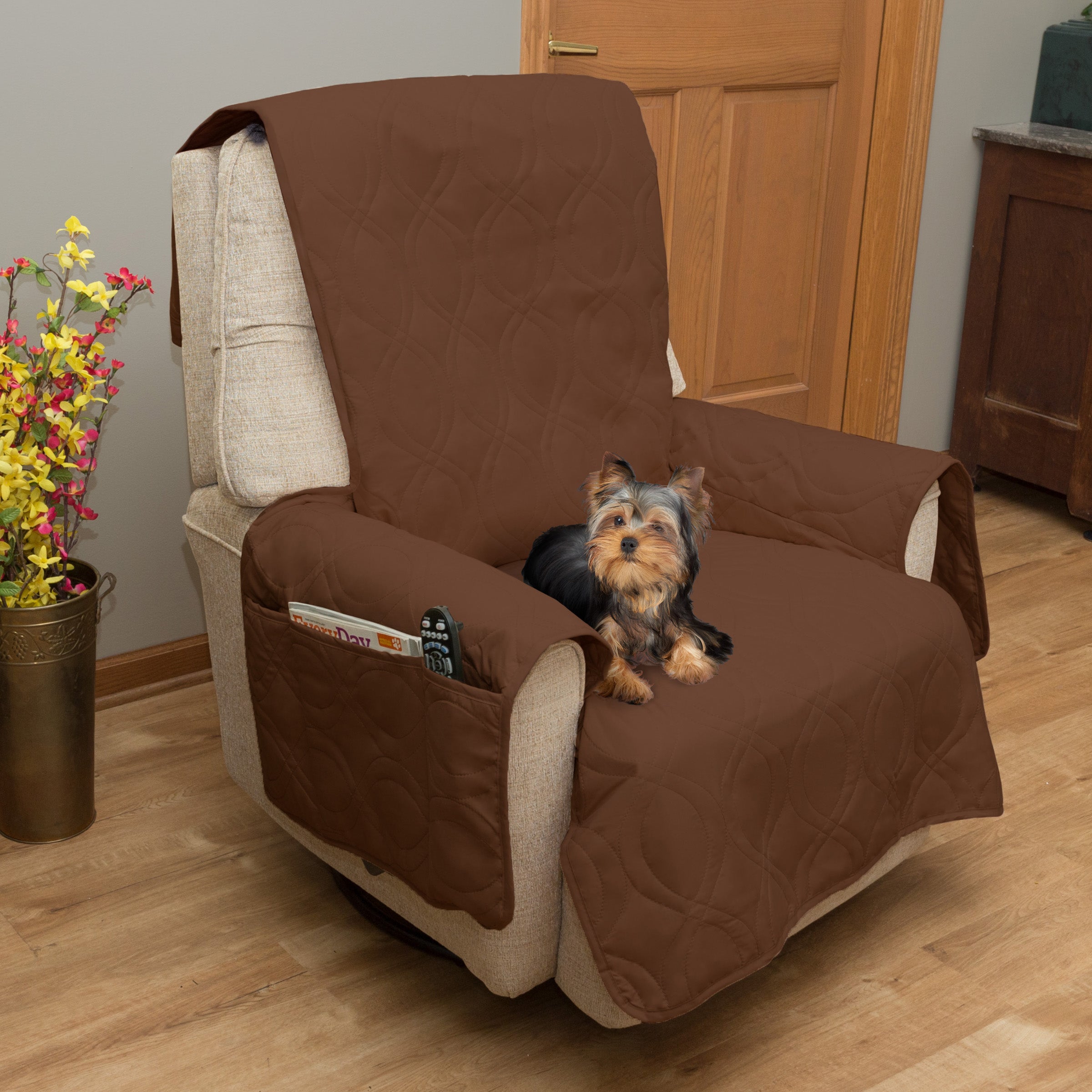 Pet Protector Furniture Covers - 100% Waterproof Recliner Chair Cover for Dogs or Cats – Storage Pockets and Non-Slip Straps by PETMAKER (Brown)