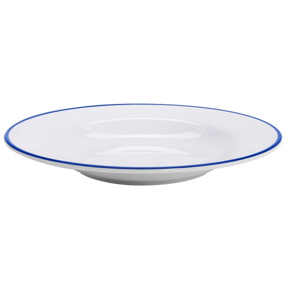 11 Dia.， 1.25 H，24 oz. White with Blue Trim， Enamelware Melamine Large Salad， Pasta， Soup Bowl