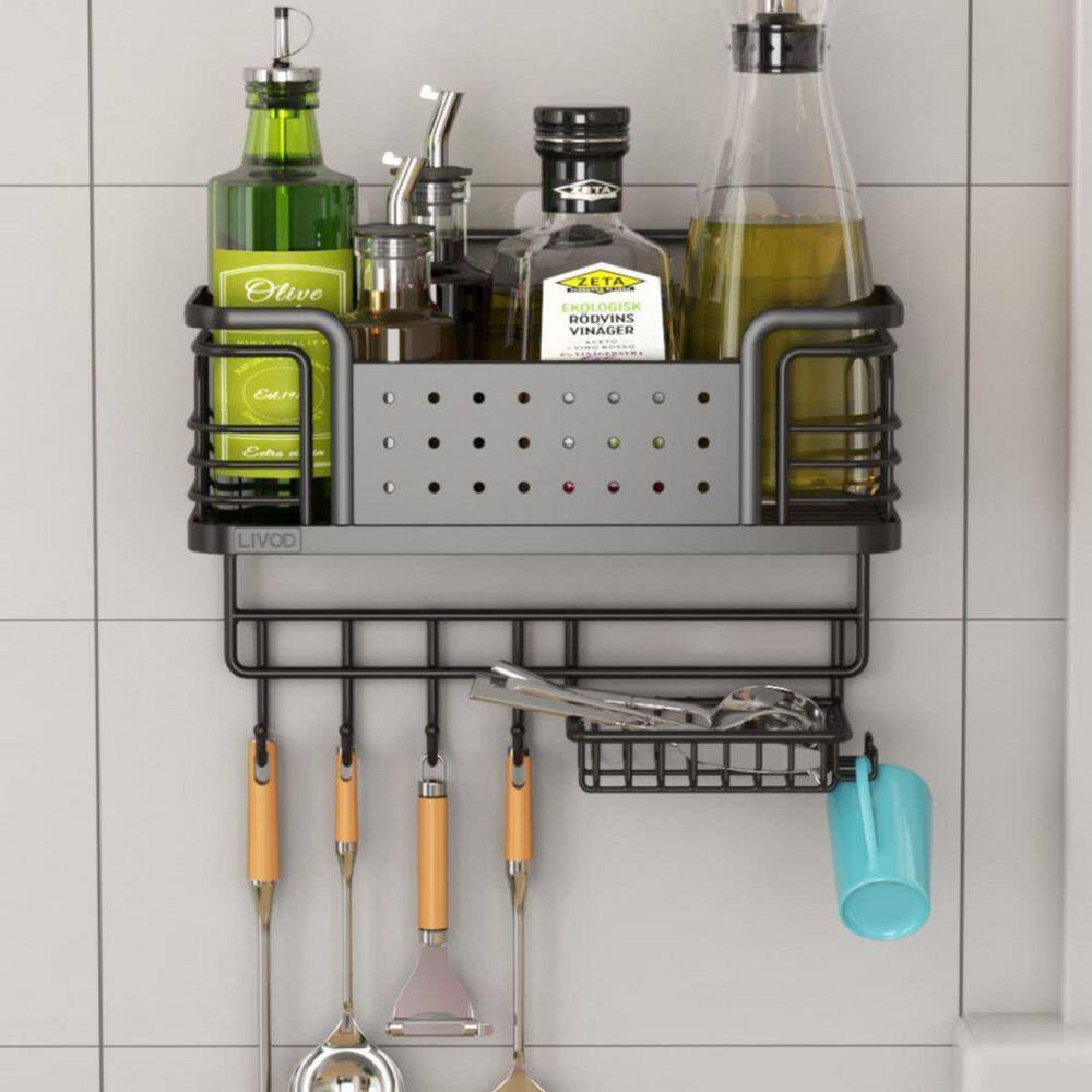 Dracelo Black Stainless Steel Bathroom Adhesive Shower Caddy Shelf with Soap Holder B09H2M6GX6