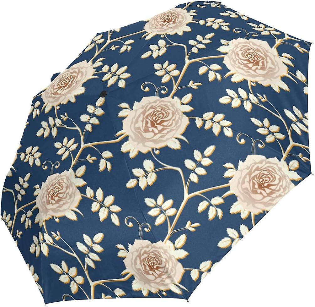 Travel Umbrella Automatic Windproof Foldable Umbrella Flora Roses On Dark Blue