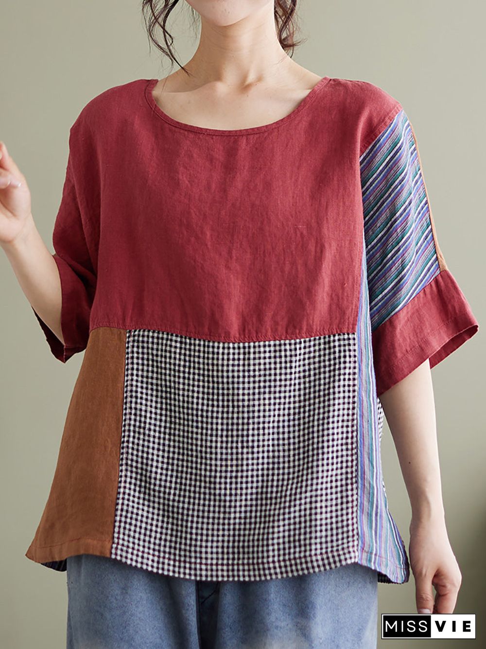 Plus Size Vintage Short Sleeve Women Linen Patchwork Loose T Shirt