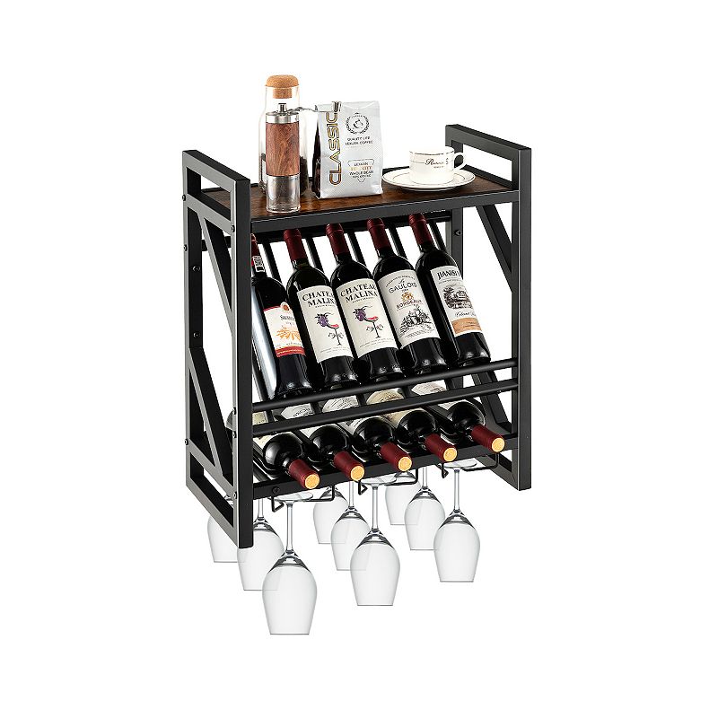 10 Bottles Wall Mounted Wine Rack With Glass Holder