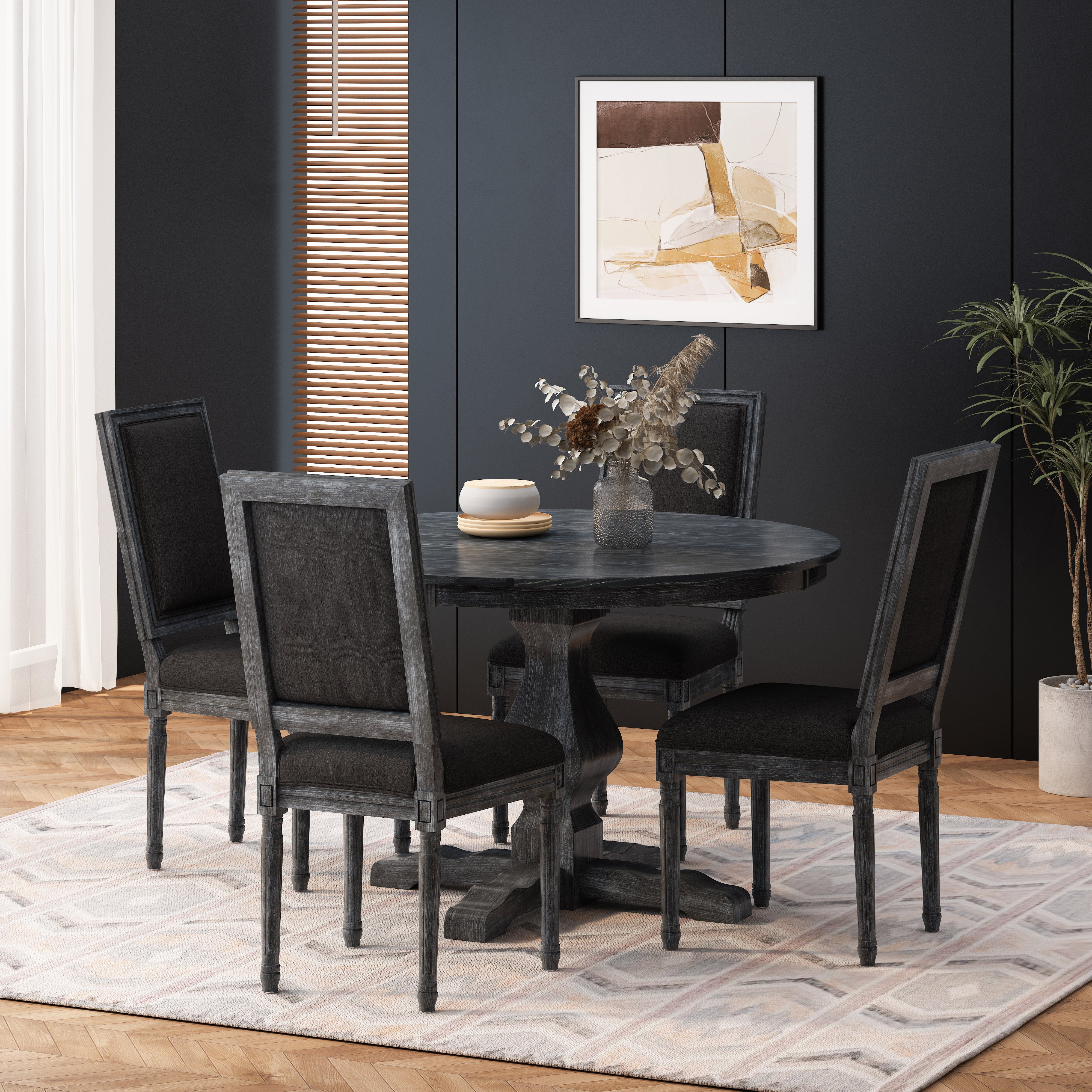 Merlene French Country Fabric Upholstered Wood 5 Piece Circular Dining Set