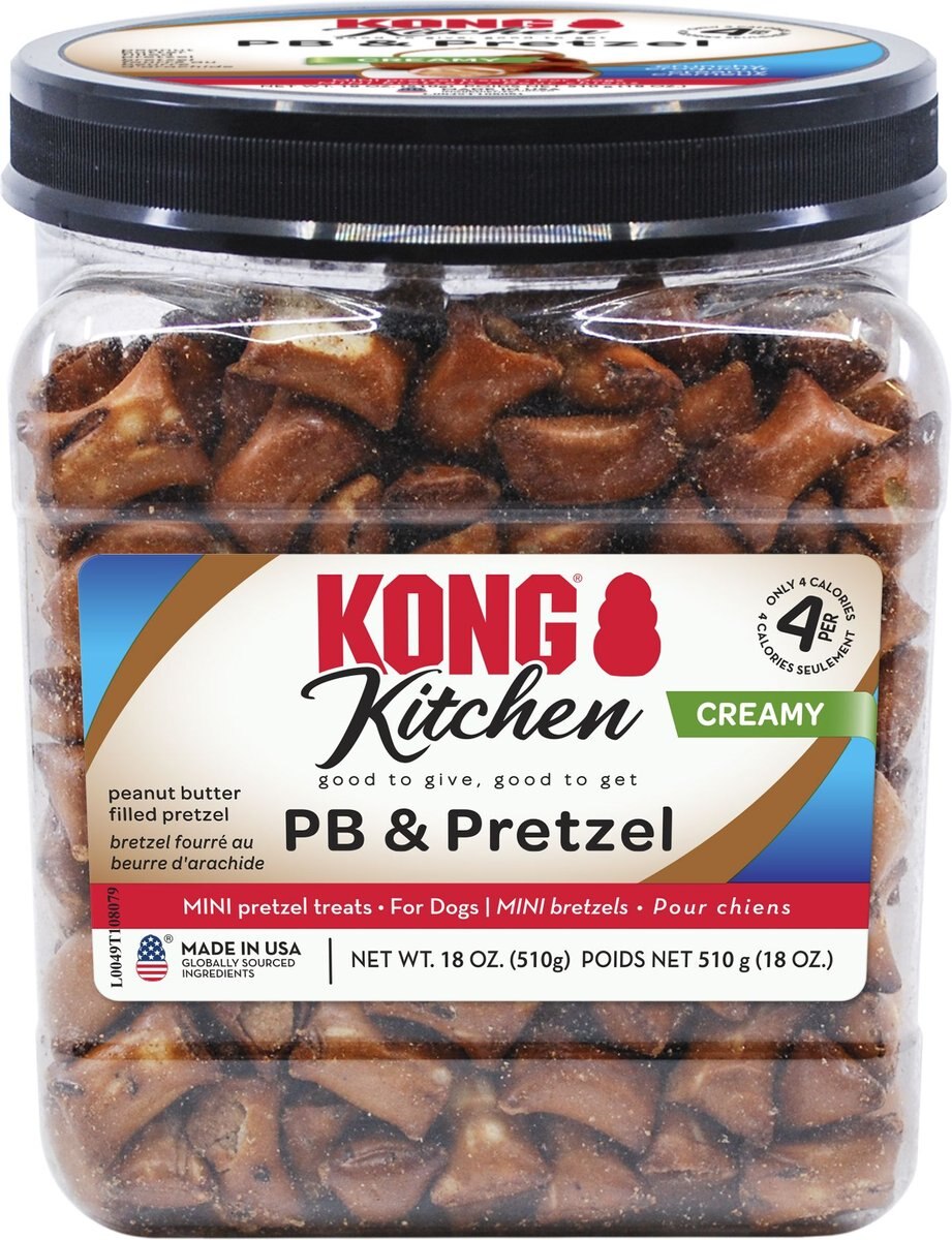 KONG Kitchen Natural Peanut Butter and Pretzel Crunchy Dog Treats， 18-oz tub