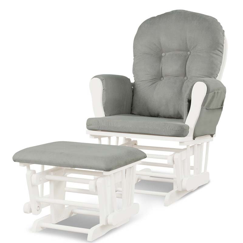 Glider Rocking Chair & Ottoman Set Solid Wood Baby Rocker Nursery Chair With Padded Cushions & Pockets