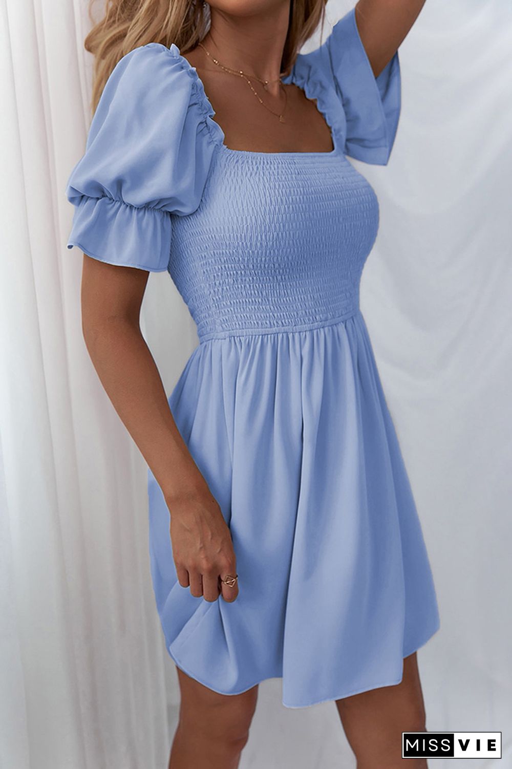 Solid Color Ruffle Short Sleeves Mini Dress Wholesale