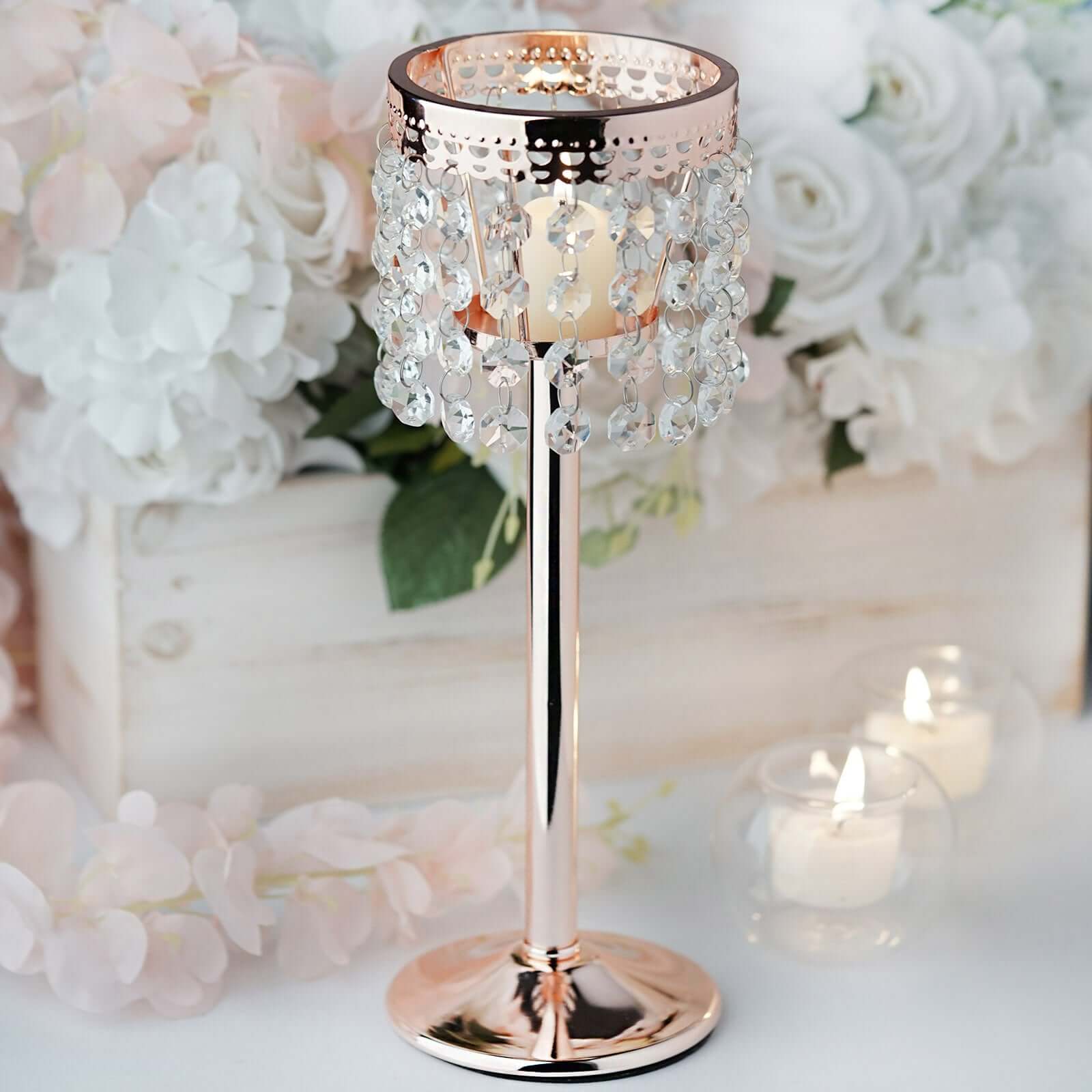 Rose Gold Crystal Beaded Chandelier Votive Pillar Candle Holder, Metal Tealight Candle Stand 12