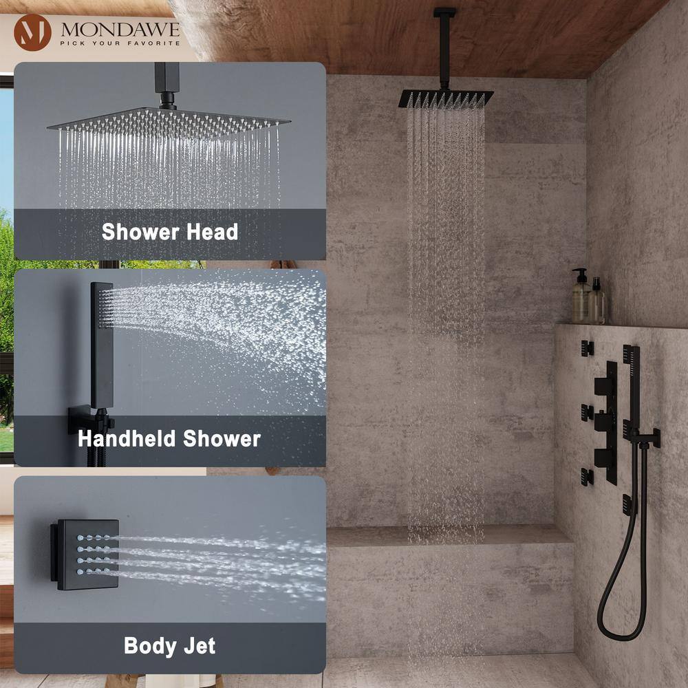 Mondawe Athens Multiple 5-Spray Patterns 2.5 GPM 12 in Ceilling Mount Rainfall Dual Shower Heads with 6-Jet Valve in Matte Black MD6865-MB