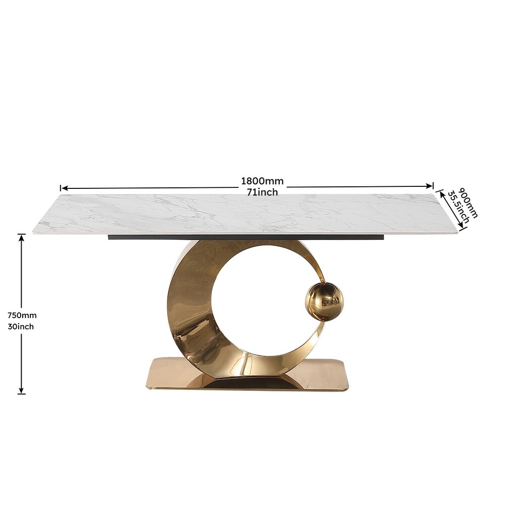 71 Inch Stone DiningTable with Carrara White color and Round special shape stainless steel Gold Pedestal Base