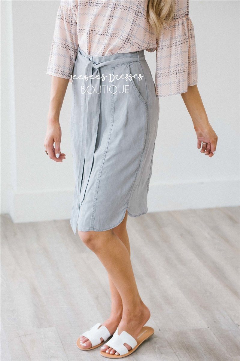 Chambray Button Front Tie Skirt