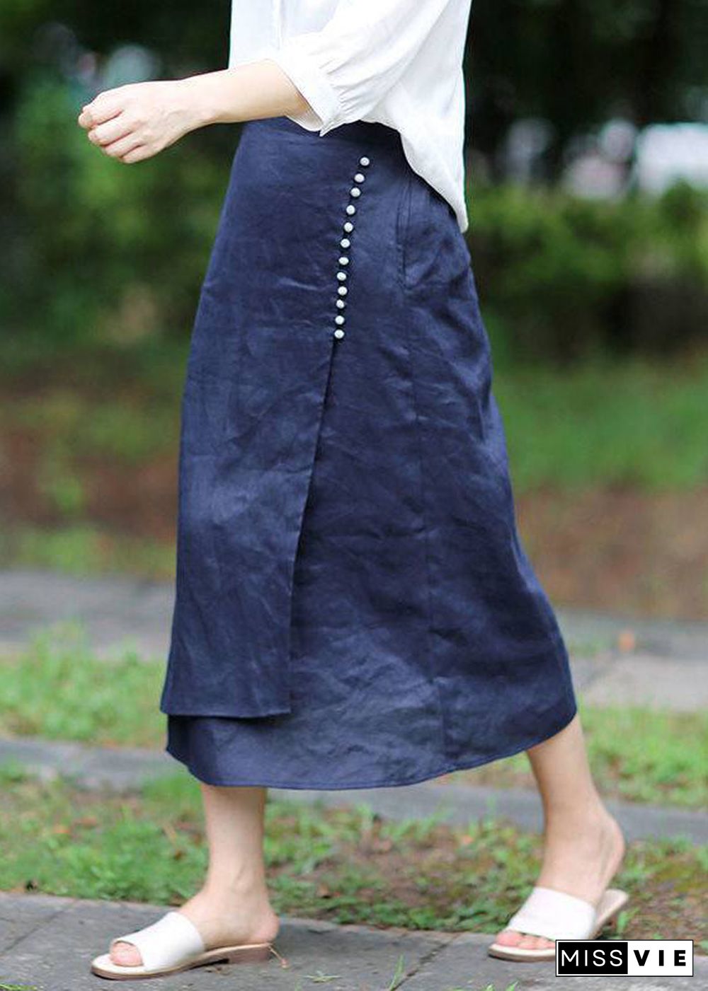 Blue A Line Skirts button asymmetrical design elastic waist Spring