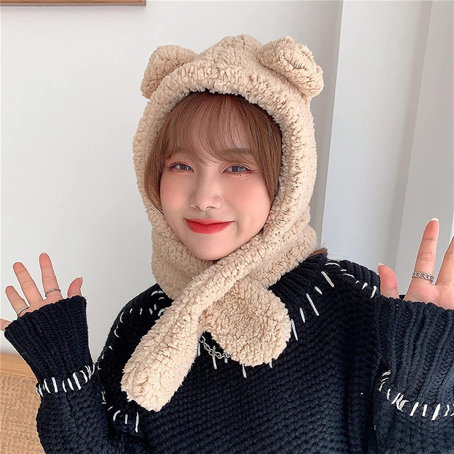 Winter Hats Bear Cap And Scarf 2 In 1 Cute Cartoon Thick Hat Protectors Warm Plush Hat Cap Women Girl Hat Khaki One Size