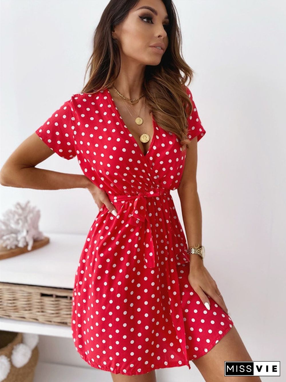 Summer V Neck Polka Dot Boho Dress Bohemian Women Beach Dress Fashion Short Sleeve Casual Mini Dress