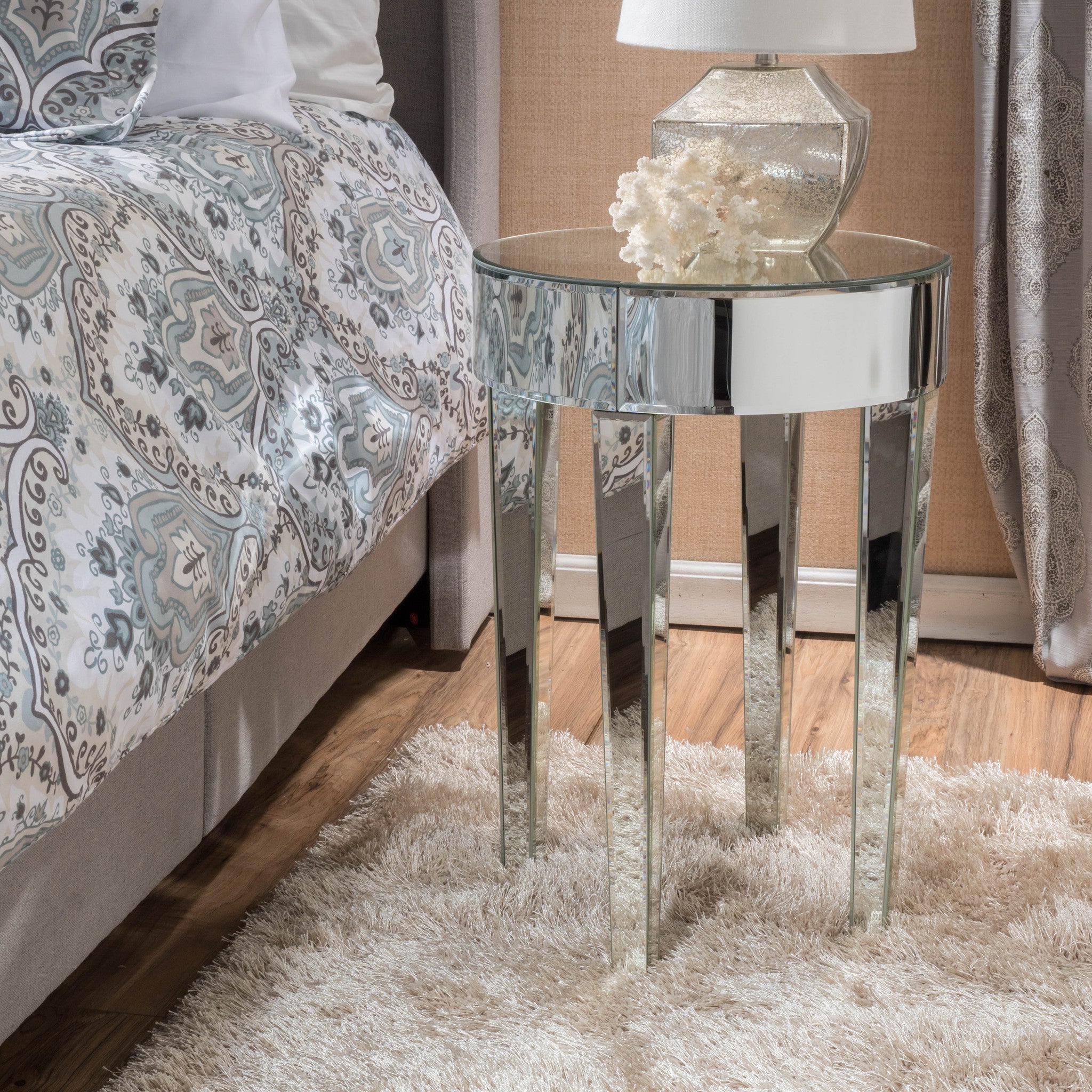 Alvo Modern Glam Round Mirrored Side Table with Tapered Legs