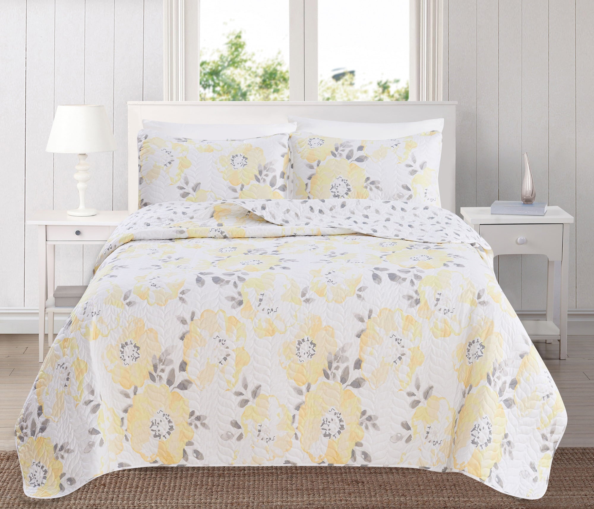 Great Bay Home All-Season Reversible Reversible Quilt Set With Shams  (Twin， Helene - Yellow)