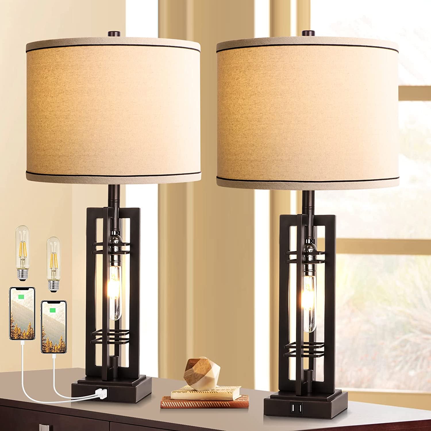 ROTTOGOON 27.5'' Tall Oil Rubbed Bronze Table Lamps Set of 2 with USB Ports for Living Room Bedroom Home Office