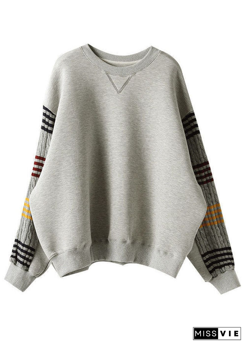 Lazy Grey O-Neck Striped Knit Patchwork Cotton Sweatshirt Long Sleeve