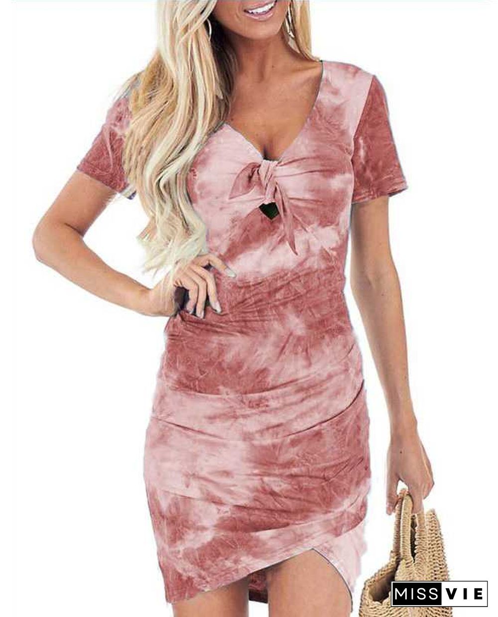 Popular Front Tie Knot Tie Dye Dress Short Sleeve