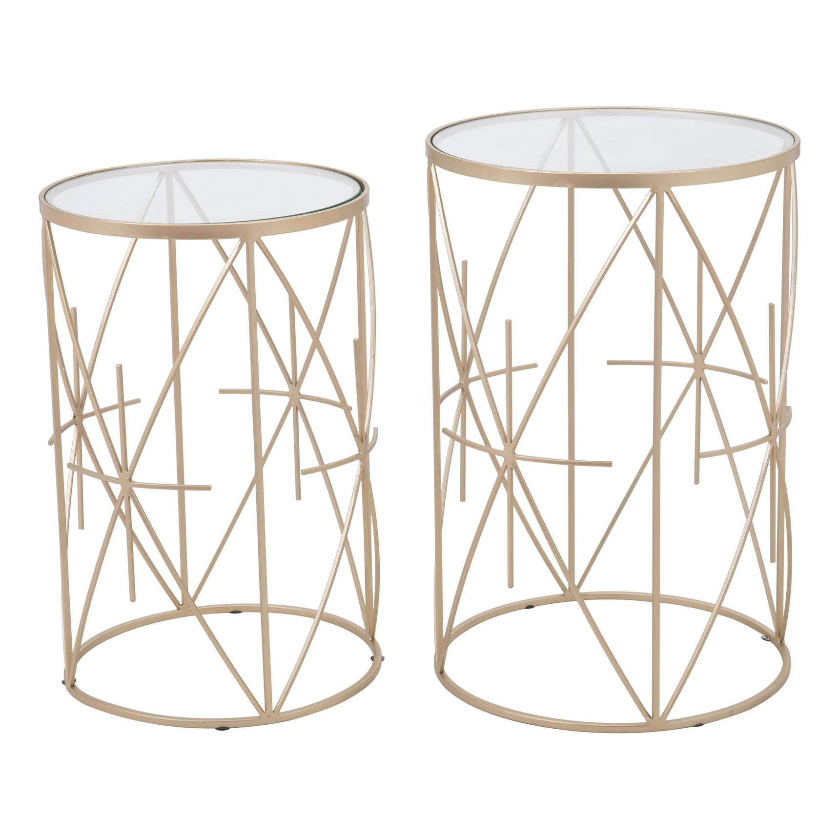 Set of Two Geometric Gold and Glass Side Tables - 15 W x 22.4 D x 15 H