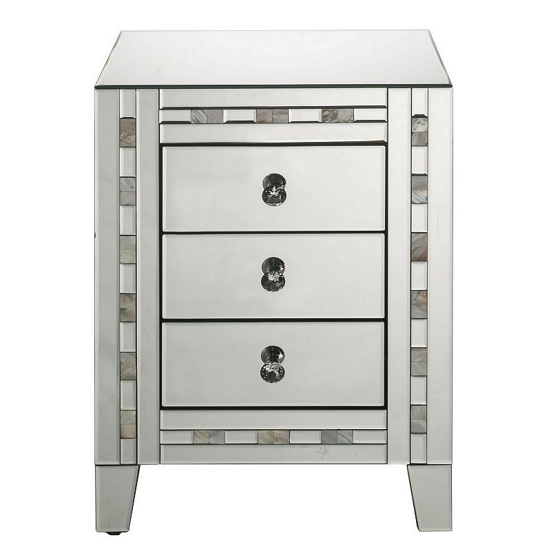 3 Drawer Beveled Mirrored Accent Table with Pearl Inlay， Silver