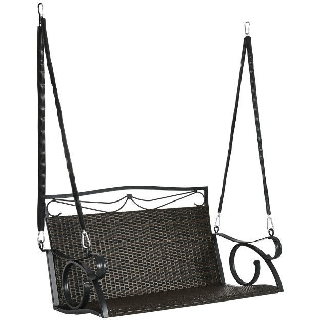 Outsunny Pe Wicker Porch Swing 2 seater Hanging Swing Bench With Chains 528 Lbs Weight Capacity Flourishes Brown