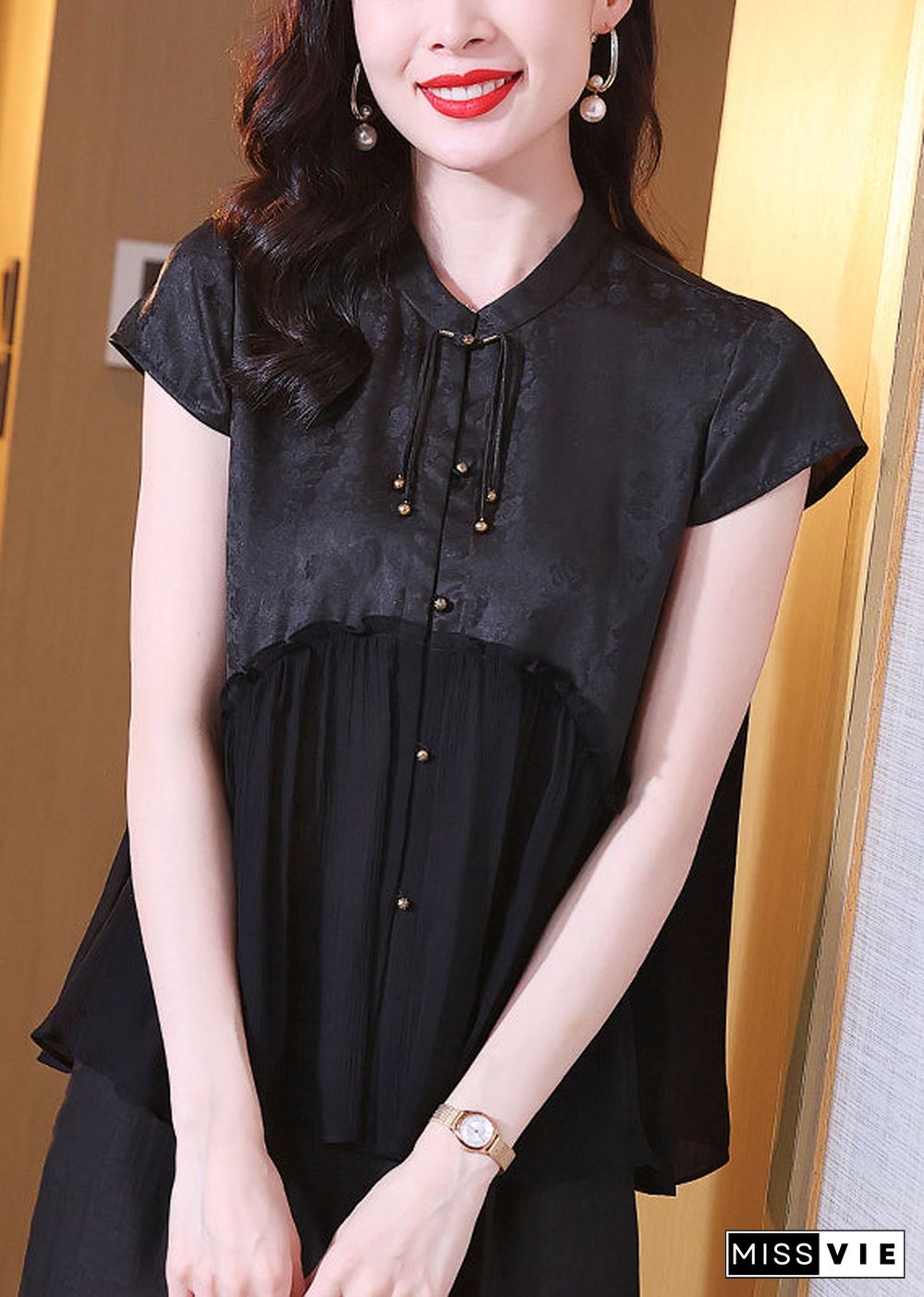 Fine Black Stand Collar Tasseled Patchwork Silk Shirt Tops Summer