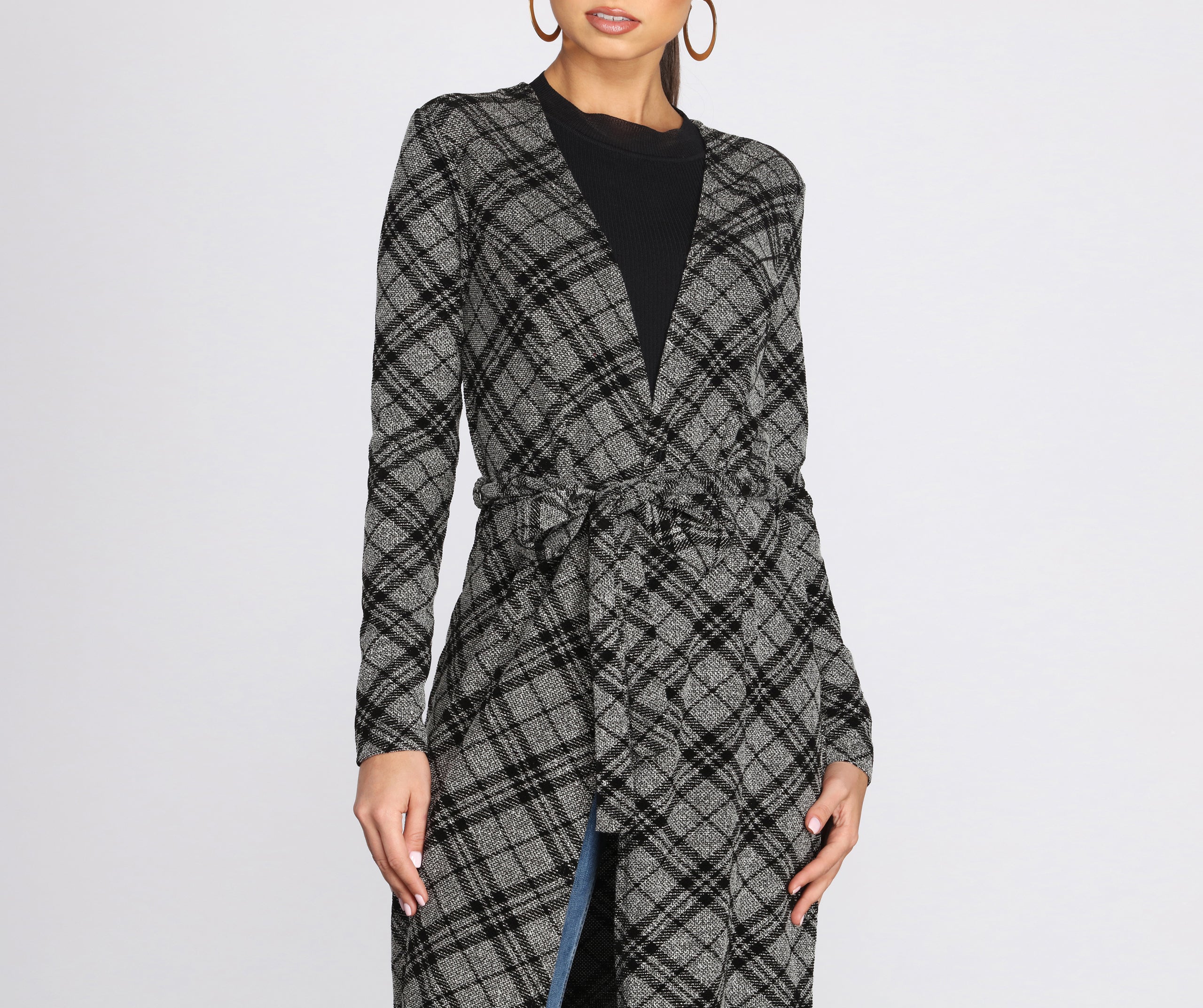 Belted Plaid Knit Duster