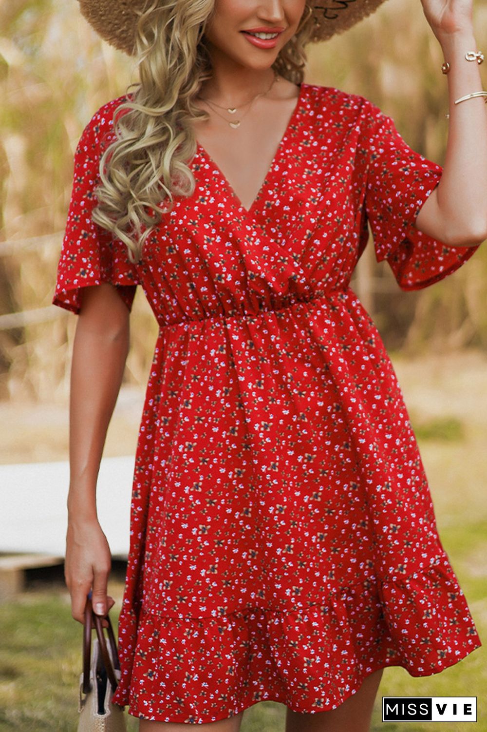 Red V Neck Wrap Floral Mini Dress