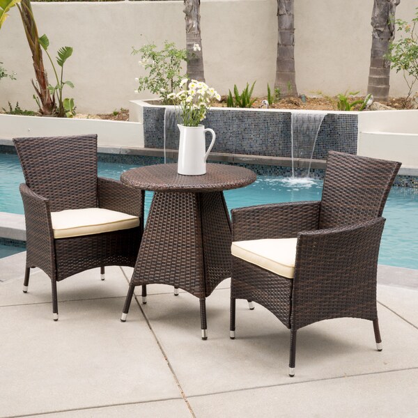 Melissa Outdoor 3piece Wicker Bistro Set with Cushions by Christopher Knight Home