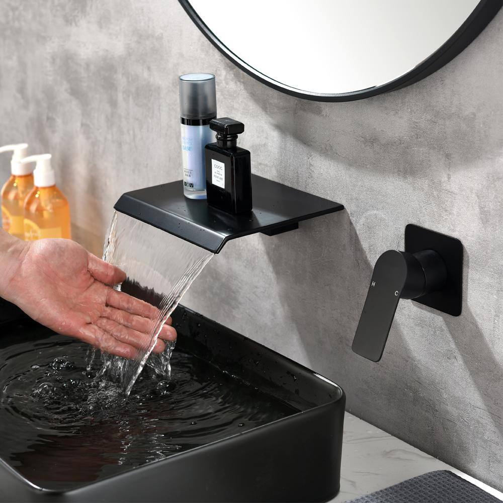 UKISHIRO Miko Single-Handle Wall Mounted Waterfall Bathroom Faucet with Valve in Matte Black SMD00JI22052716