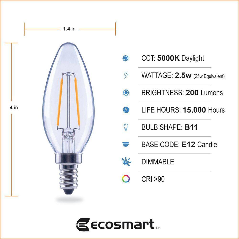 EcoSmart 25-Watt Equivalent B11 Dimmable E12 Candelabra ENERGY STAR Clear Glass LED Vintage Edison Light Bulb Daylight (3-Pack) FG-04066