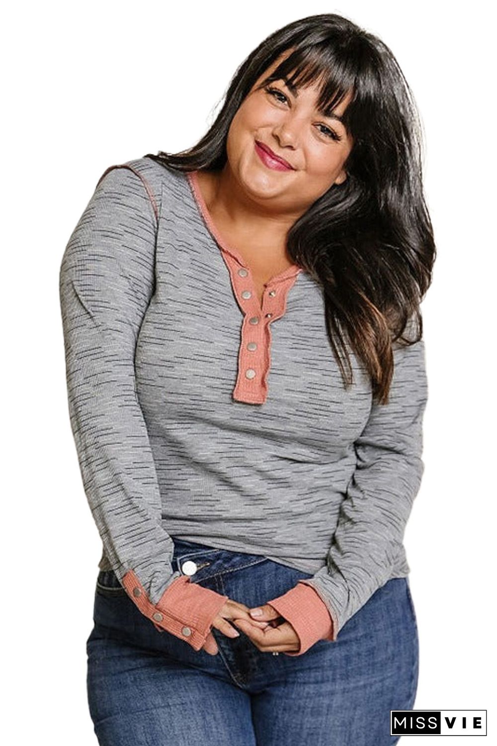 Gray Plus Size Contrast Detail Henley Top