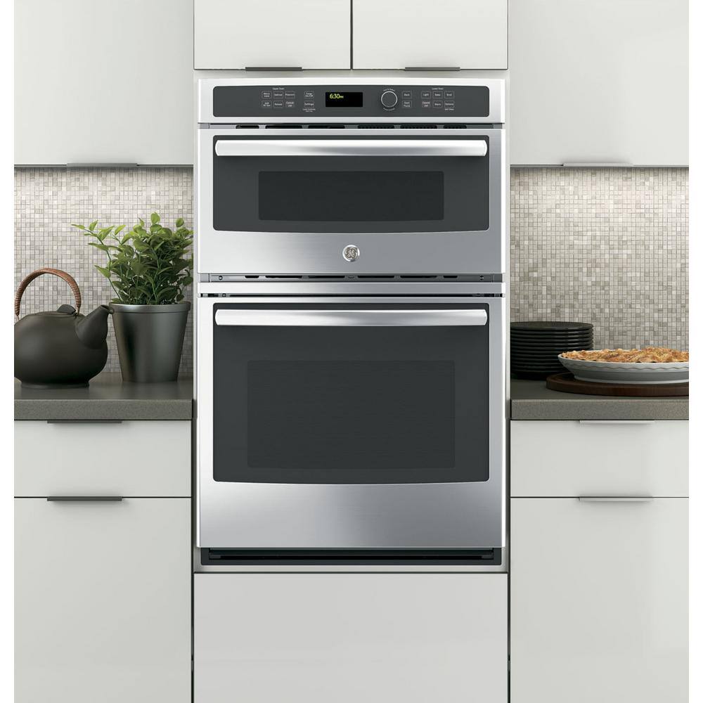 GE 27 in. Double Electric Wall Oven with Built-In Microwave in Stainless Steel JK3800SHSS