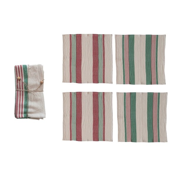 Cotton Napkins with Stripes and Jute and Wood Ring Tie，Set of 4