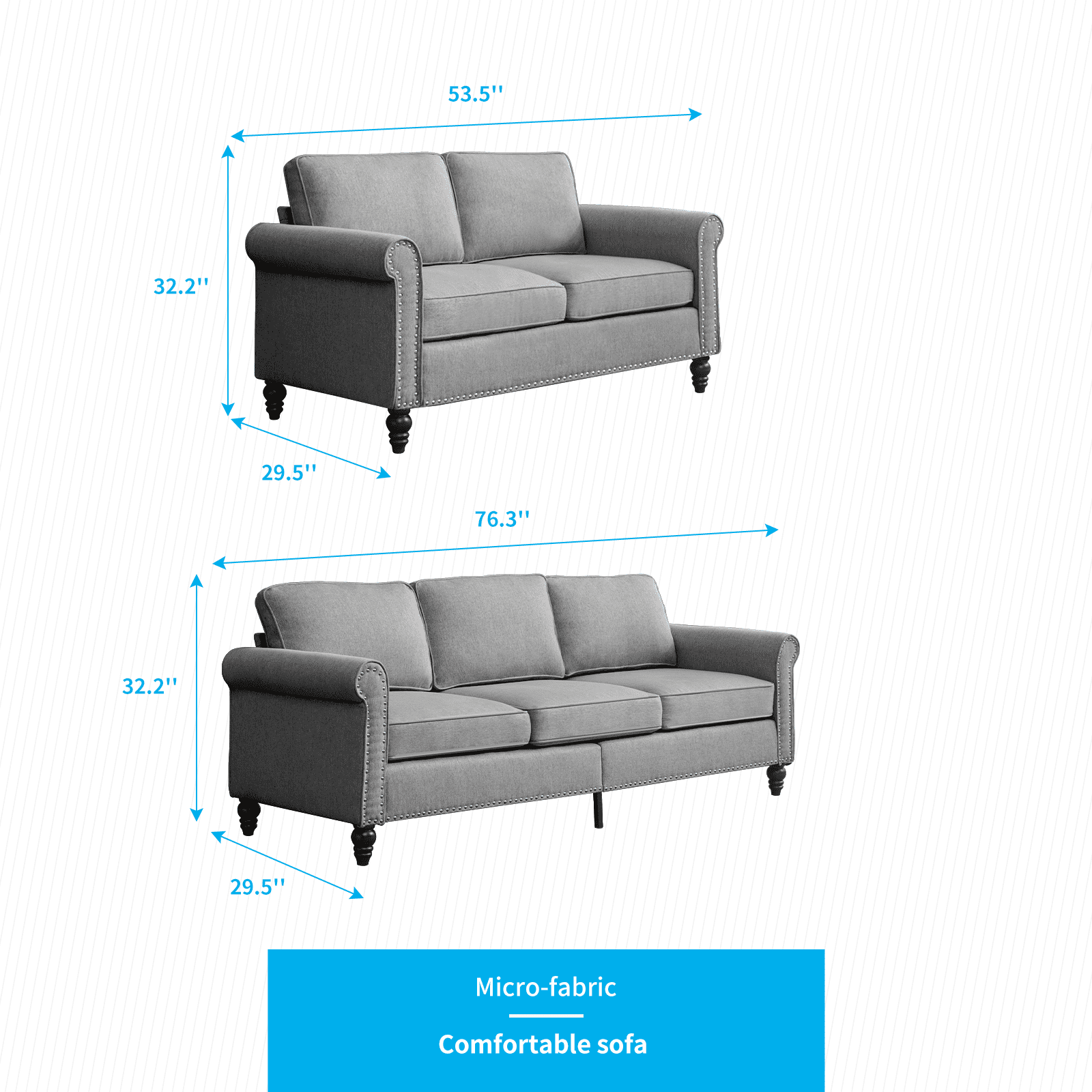 Mjkone Soft Fabric Couches Set for Living Room, Including Three Seat Sofa, Loveseat for Apartment Furniture Set, Light Grey