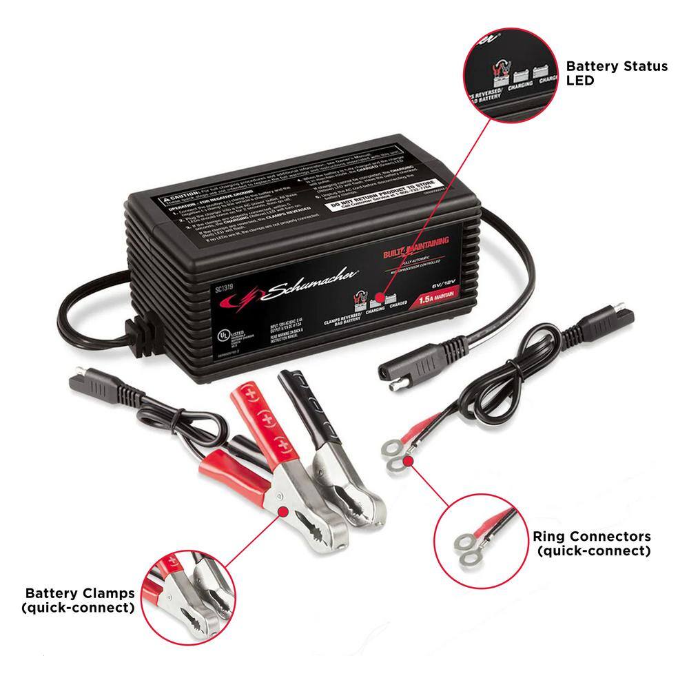 Schumacher Electric Schumacher Automotive 6-Volt12-Volt 1.5-Amp Battery Maintainer with Auto Voltage Detection and Quick-Connect Harness SC1319