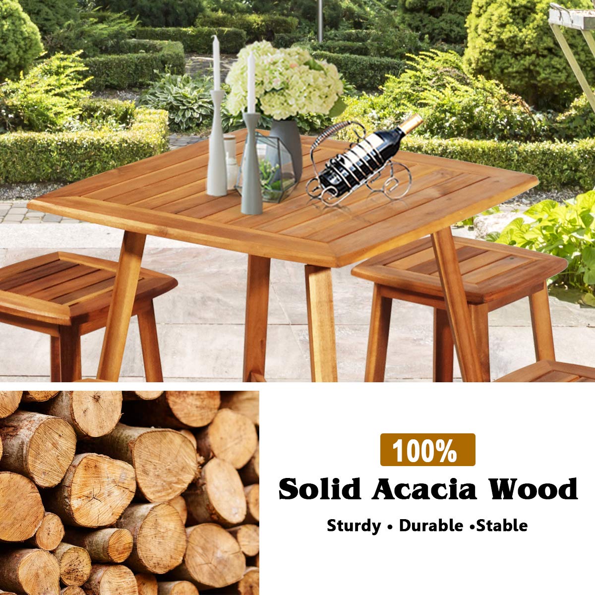 5 Pcs Acacia Wood Patio Dining Set with Square Table & 4 Stools, Outdoor Conversation Bistro Set