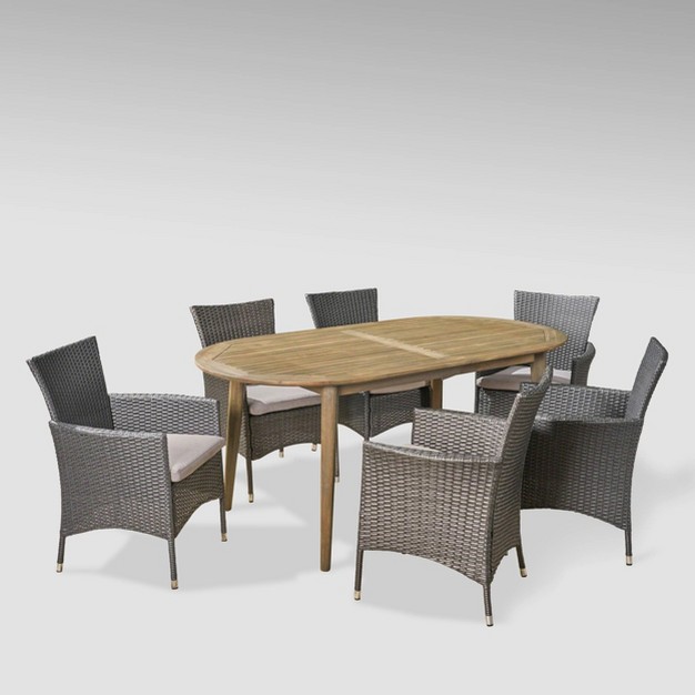 Stamford 7pc Outdoor Dining Set Acacia Wood All weather Wicker Gray silver Christopher Knight Home