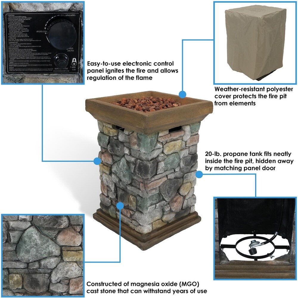Rock Column Design Propane Gas Fire Pit w/ Cover   Lava Rocks   30\
