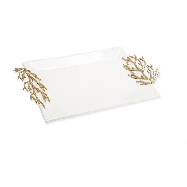 Classic Touch White Rectangular Tray With Gold Coral Design Handles